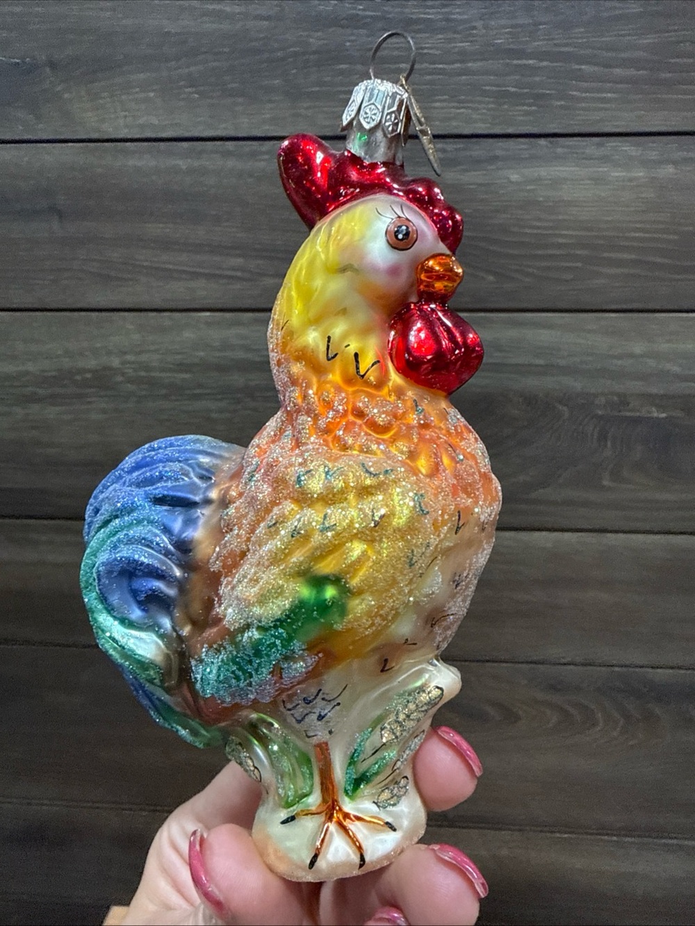 Christopher Radko Farm Alarm Multicolor Rooster Glass Ornament. Retired